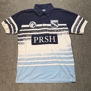 Parish Nation Mens Rugby Shirt Size L Navy White Blue Stripe Graphic Logo